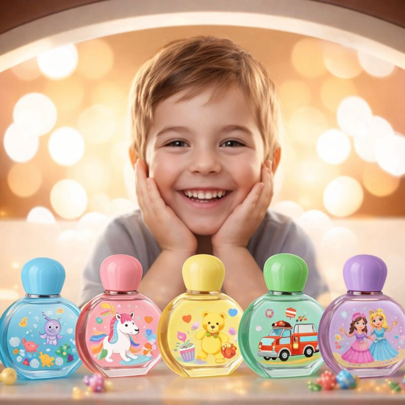 Colorful kids’ perfume bottles featuring playful, gentle fragrances